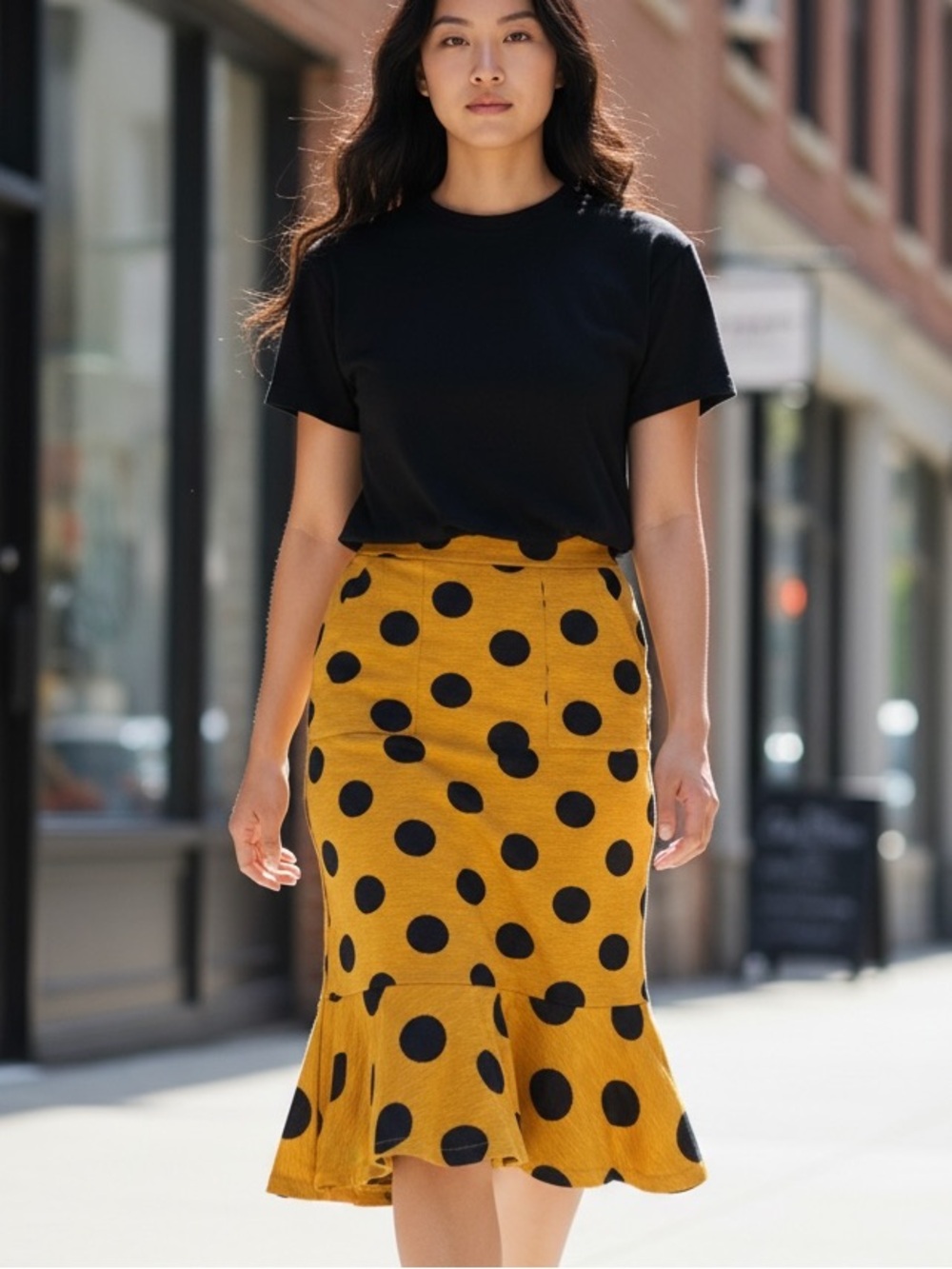 Polka Dot Midi Skirt in Mustard Yellow and Black